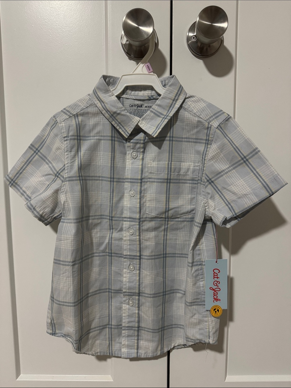 Cat & Jack White/Light Blue/Yellow Plaid Short-Sleeve Button-Down Shirt - Kids